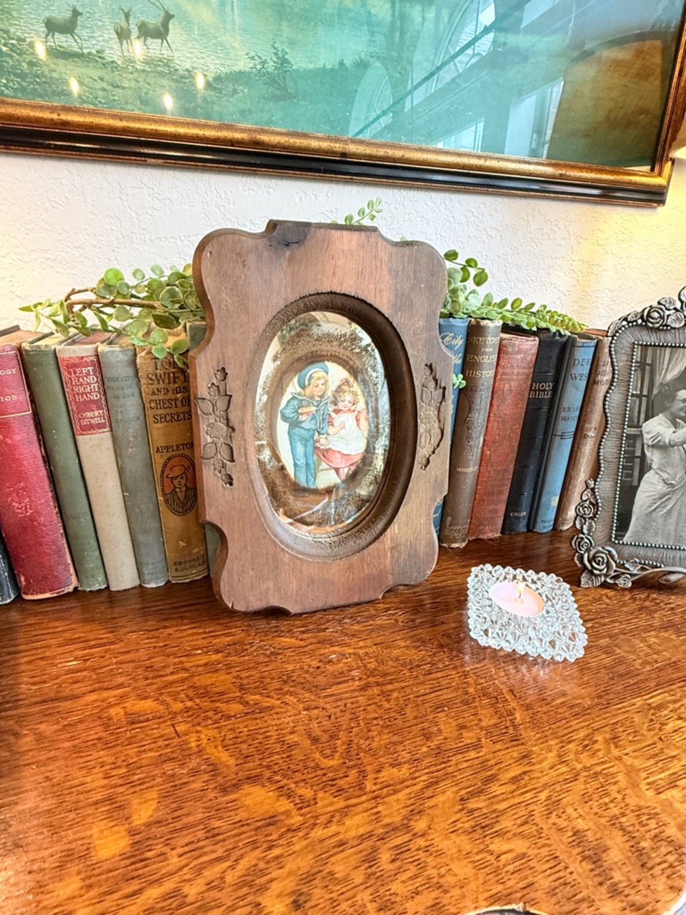Vintage Reflective Art Chunky Wood Framed Oval Print - Picture 4 of 11